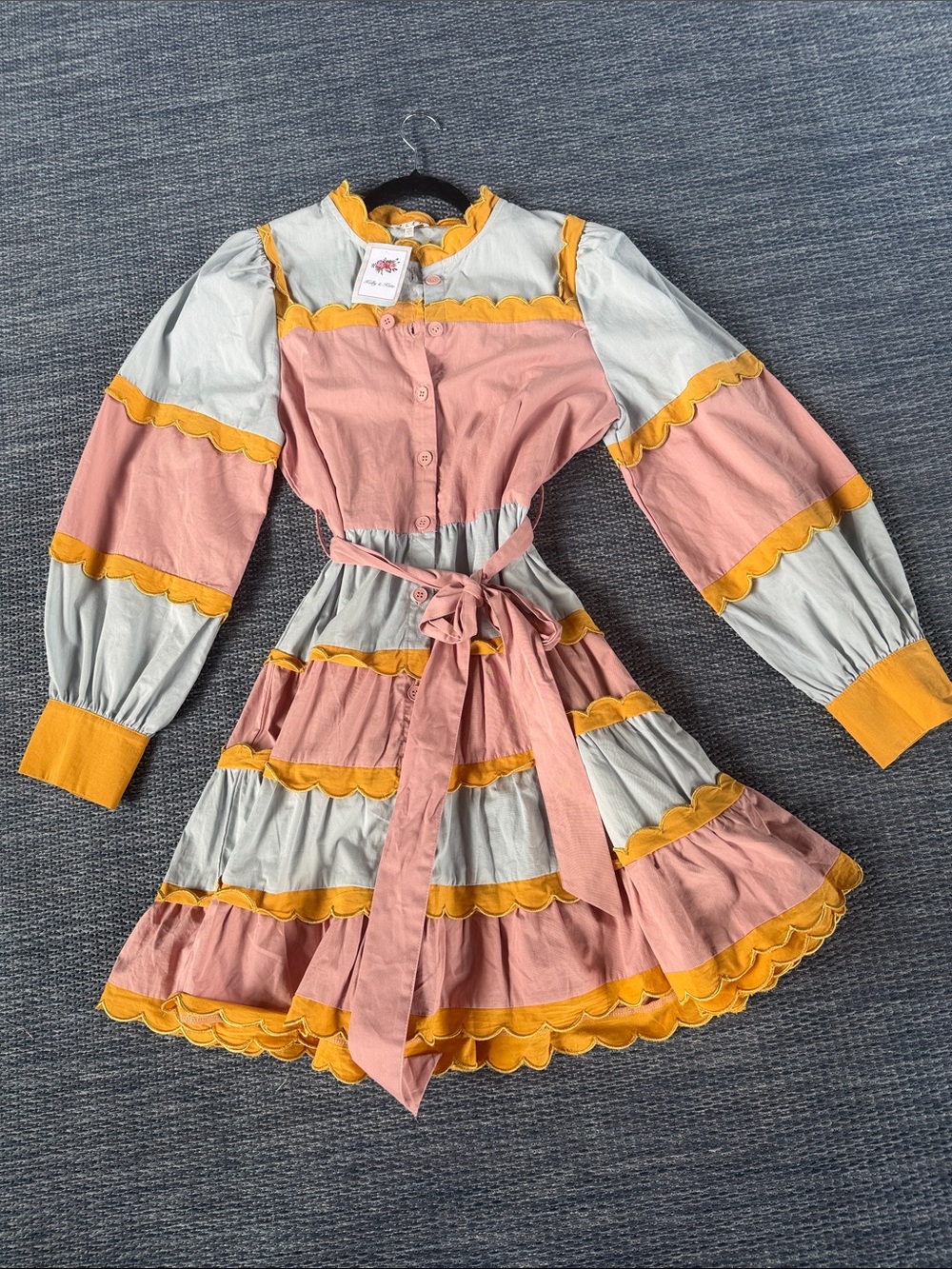 NWT Pink & Light Gray Scalloped Trim Dress with Mustard Accents